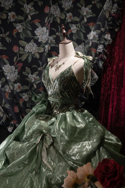 Sweet Ball Gown Spaghetti Straps Green Organza Sequin With Ruffled Long Quince Dress Quinceanera Dresses Formal Birthday Outfits RB8057