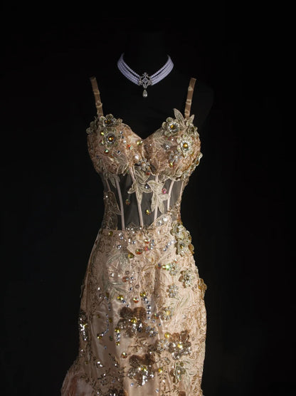 Spaghettiträger Meerjungfrauen-Abendkleid in Rosa mit Perlen, ärmellos, AS033