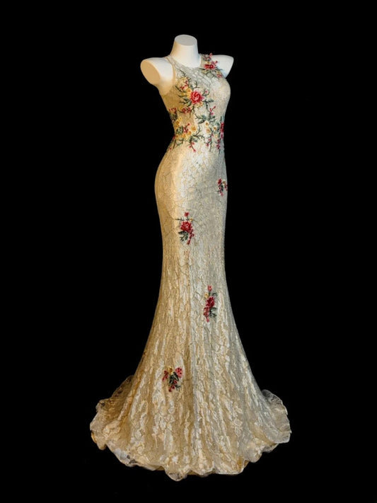 Gold Prom Dress Mermaid Lace With Beading Appliques Modest Floor Length Formal Party Gown RB9835