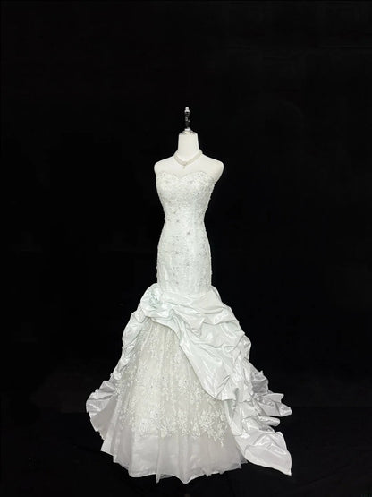 Vintage Mermaid Sweetheart White Taffeta With Beading Lace Long Brides Gown Bridal Dress Wedding Dresses Style RB7404
