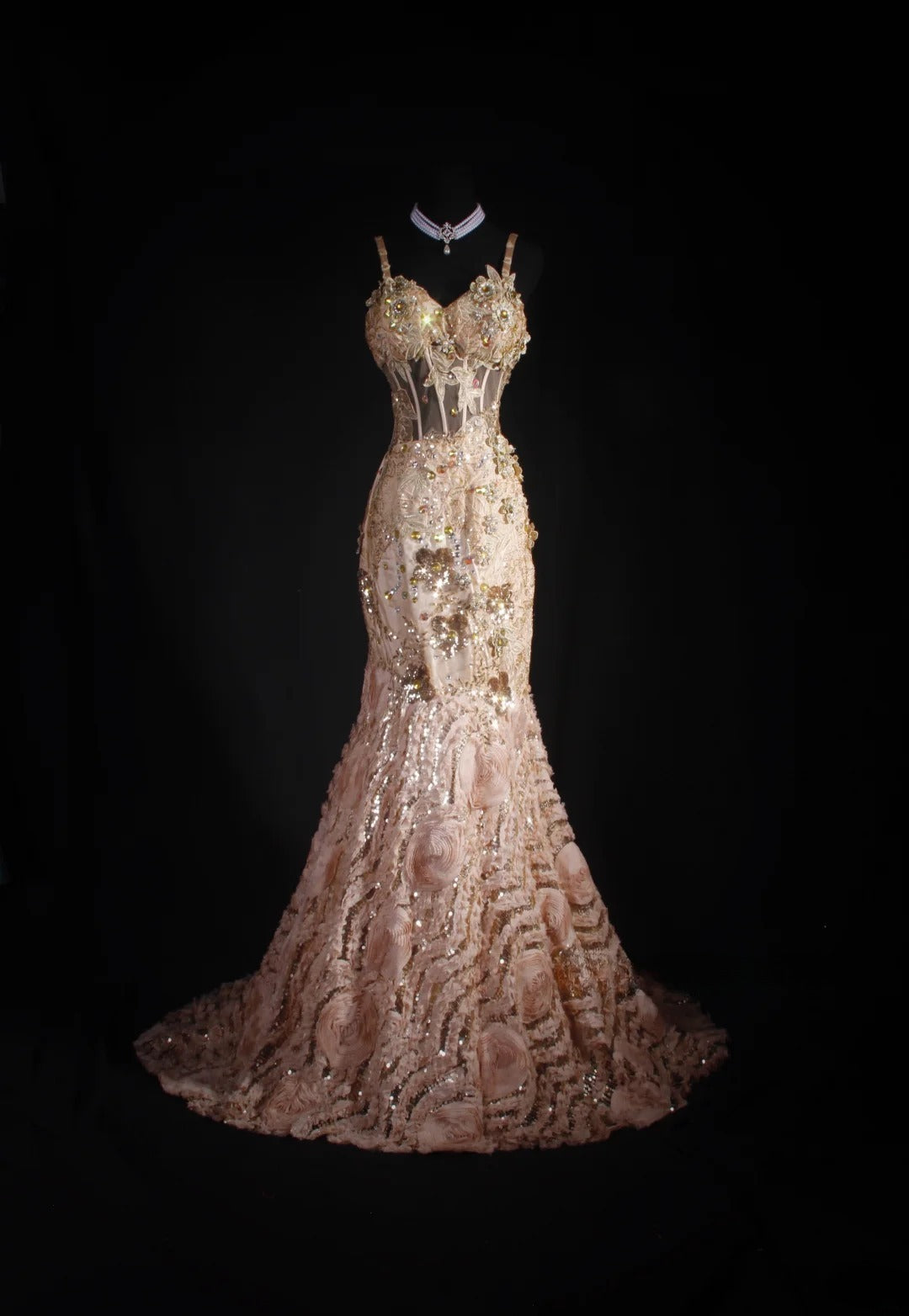 Spaghettiträger Meerjungfrauen-Abendkleid in Rosa mit Perlen, ärmellos, AS033