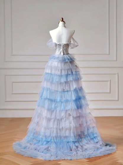 Funkelnde, ästhetische Meerjungfrauen-Abendkleider, trägerlos, blau mit plissierten Quasten, Inspiration, beeindruckendes langes Party- und Abendkleid für Teenager und Gymnasien AQ033