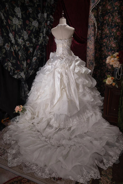 Vintage 80s Ball Gown Strapless Lace White With Appliqued Long Autumn Brides Gown Bridal Dress Wedding Dresses RB8058
