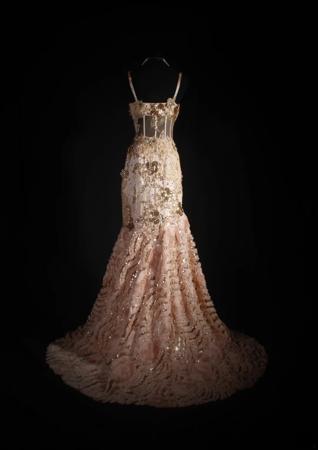 Spaghettiträger Meerjungfrauen-Abendkleid in Rosa mit Perlen, ärmellos, AS033
