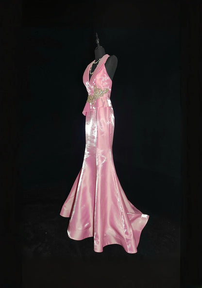 Robe de bal longue sans manches rose à col en V et dentelle dorée, style sirène vintage années 1950, idéale pour les soirées de fin d'études secondaires (AS033)