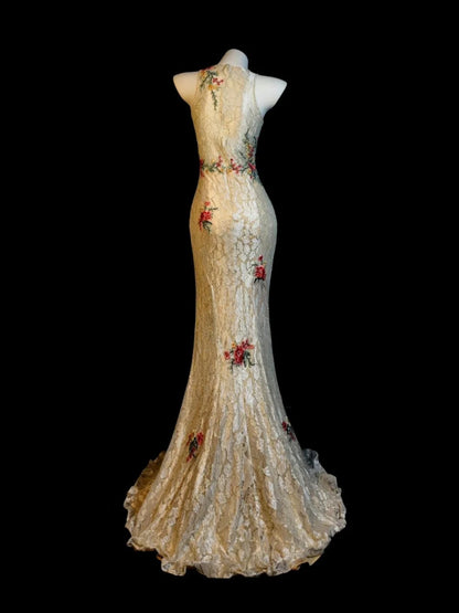Gold Prom Dress Mermaid Lace With Beading Appliques Modest Floor Length Formal Party Gown RB9835