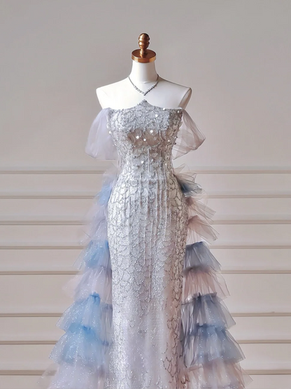 Funkelnde, ästhetische Meerjungfrauen-Abendkleider, trägerlos, blau mit plissierten Quasten, Inspiration, beeindruckendes langes Party- und Abendkleid für Teenager und Gymnasien AQ033