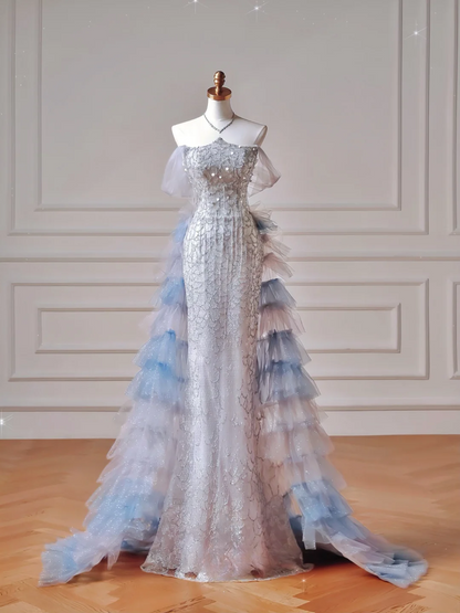 Funkelnde, ästhetische Meerjungfrauen-Abendkleider, trägerlos, blau mit plissierten Quasten, Inspiration, beeindruckendes langes Party- und Abendkleid für Teenager und Gymnasien AQ033