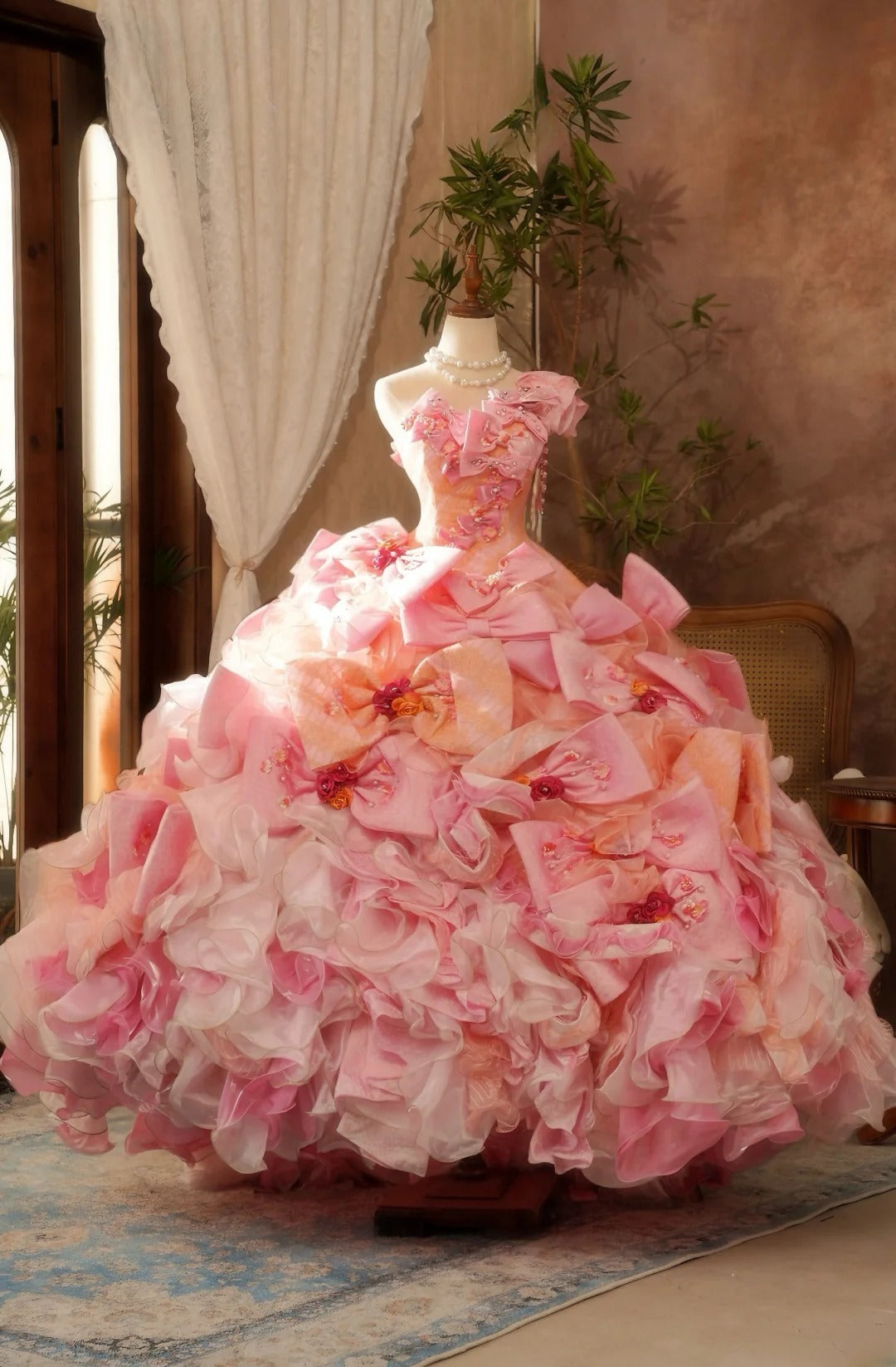 Tulle Ball Gown Quinceanera Dress 3D Bow-knot Pink One Shoulder Sweet 15 Formal Gown RB9028