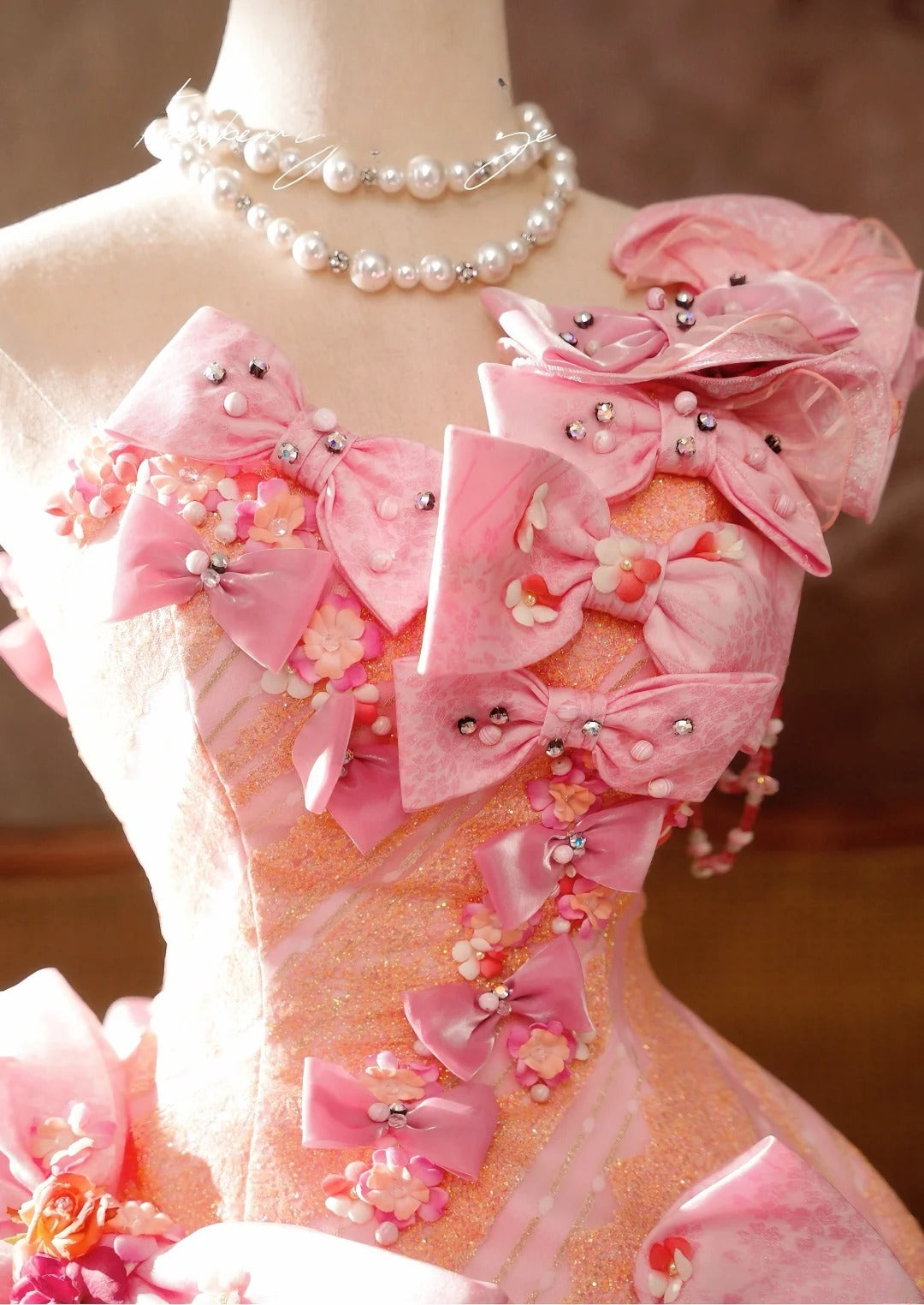 Tulle Ball Gown Quinceanera Dress 3D Bow-knot Pink One Shoulder Sweet 15 Formal Gown RB9028