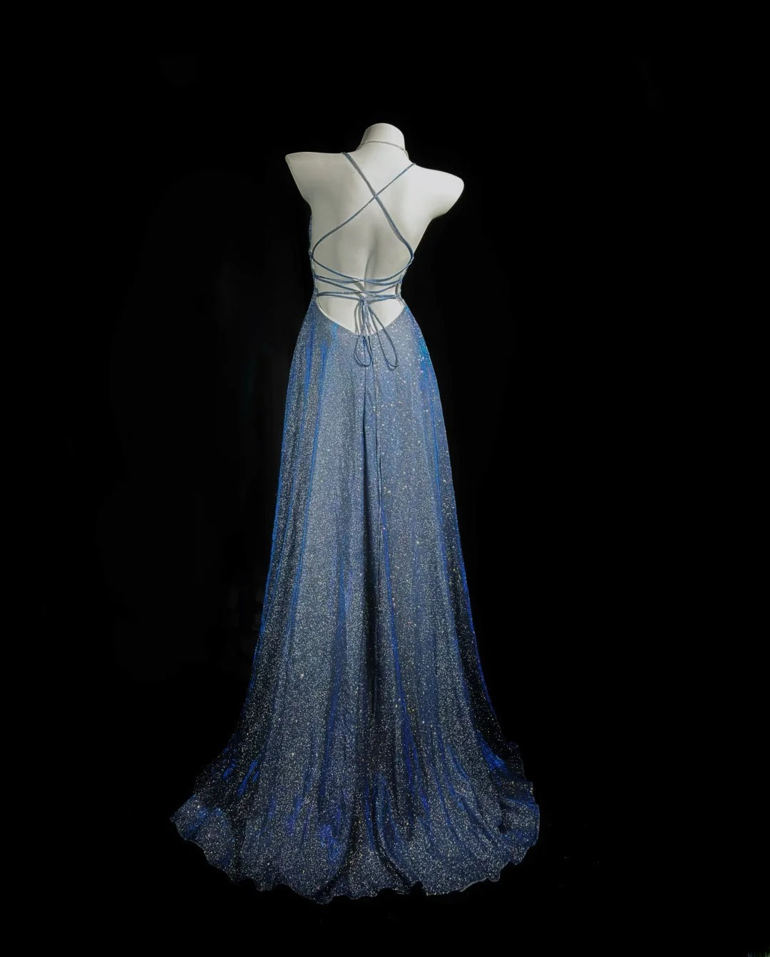 Classy Prom Dresses A line Spaghetti Strap Blue Backless Sleeveless Evening Dress Formal Outfits RB5842