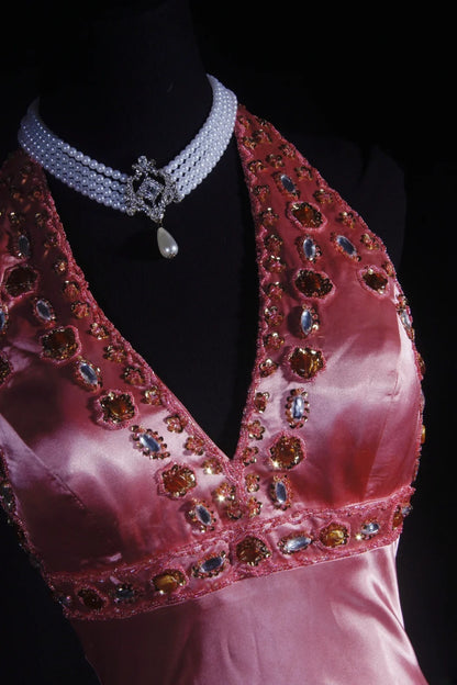 Vintage 90er Jahre Ballkleid für Damen, A-Linie, Neckholder, rosa Seidensatin mit Perlenstickerei, formelles Abendkleid für Tanz und Party AS035