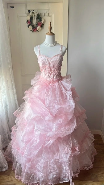 Quinceanera-Kleid für den 15. Geburtstag, Ballkleid mit Spaghettiträgern, rosa Tüll mit gestuftem langem Rock, RC0405