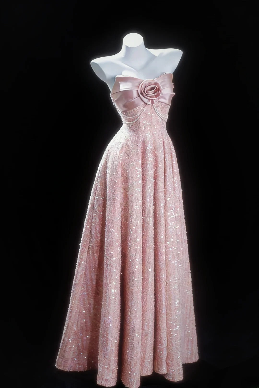 Robe de bal longue en velours rose à sequins, coupe trapèze, décolleté cœur et bretelles, idéale pour les jeunes filles en terminale ou pour un 21e anniversaire (AS035)