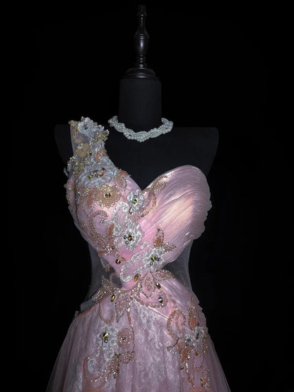 Robe de soirée modeste en tulle lilas poudré à une épaule, coupe trapèze, avec application d'appliqués, idéale pour les lycéennes et les jeunes filles en fin d'année (AS035).