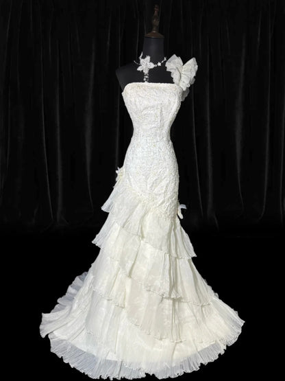 Vintage Damen Meerjungfrauenkleid, ärmellos, aus weißer Spitze, gestuftem Satin, lang, tailliert, im Stil der 1920er Jahre, AS035