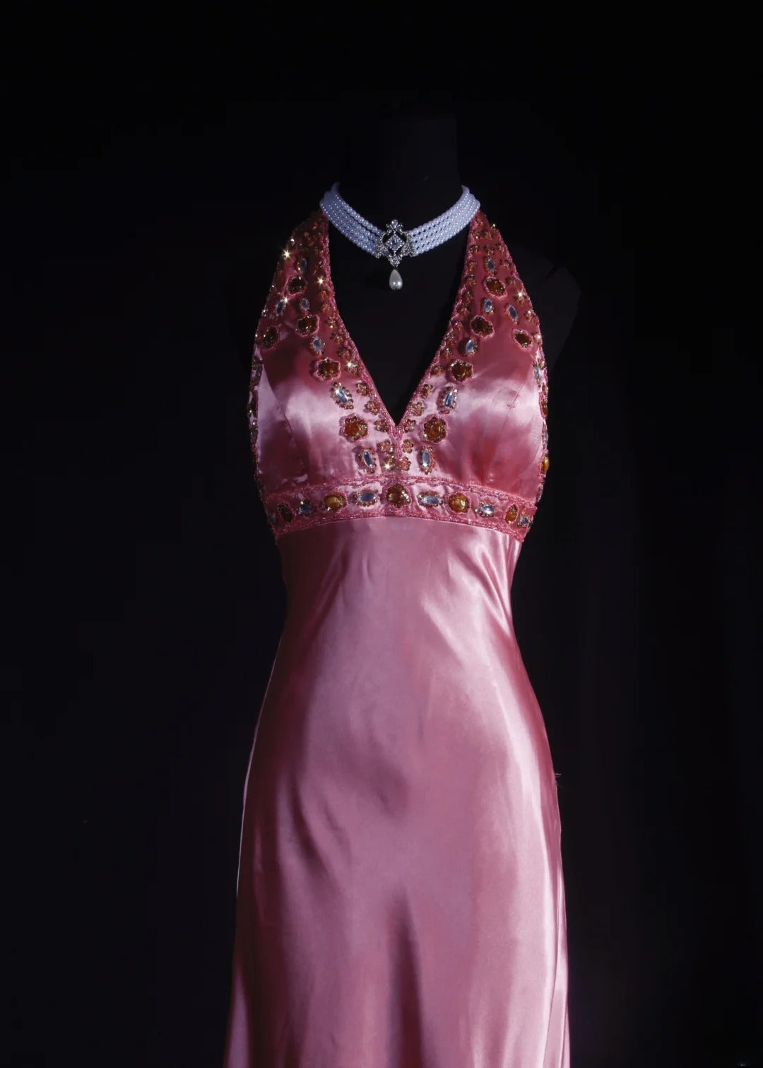Vintage 90er Jahre Ballkleid für Damen, A-Linie, Neckholder, rosa Seidensatin mit Perlenstickerei, formelles Abendkleid für Tanz und Party AS035