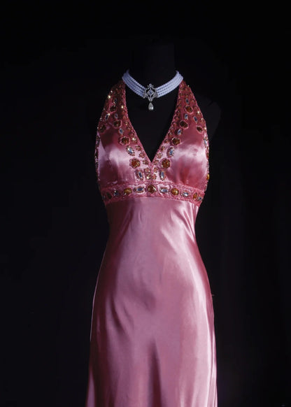 Vintage 90er Jahre Ballkleid für Damen, A-Linie, Neckholder, rosa Seidensatin mit Perlenstickerei, formelles Abendkleid für Tanz und Party AS035