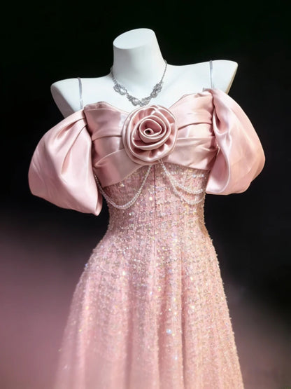 Robe de bal longue en velours rose à sequins, coupe trapèze, décolleté cœur et bretelles, idéale pour les jeunes filles en terminale ou pour un 21e anniversaire (AS035)