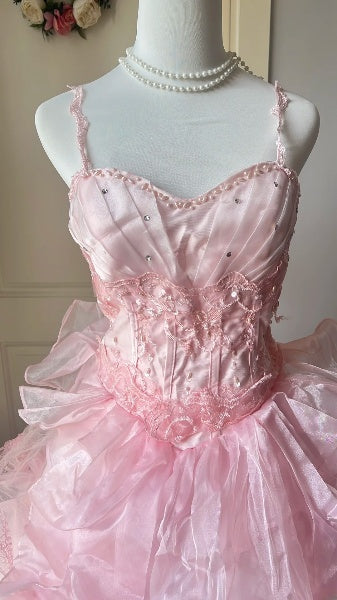 Sweet 15 Quinceanera Dress Ball Gown Spaghetti Straps Pink Tulle With Tiered Long 15th Birthday Gown RC0405