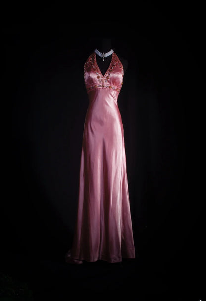 Vintage 90er Jahre Ballkleid für Damen, A-Linie, Neckholder, rosa Seidensatin mit Perlenstickerei, formelles Abendkleid für Tanz und Party AS035