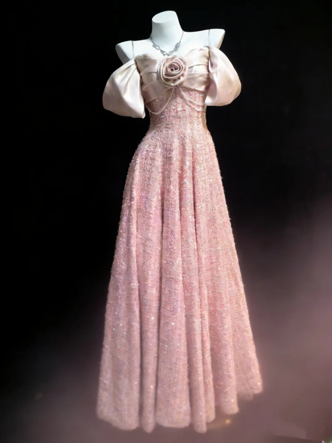 Robe de bal longue en velours rose à sequins, coupe trapèze, décolleté cœur et bretelles, idéale pour les jeunes filles en terminale ou pour un 21e anniversaire (AS035)