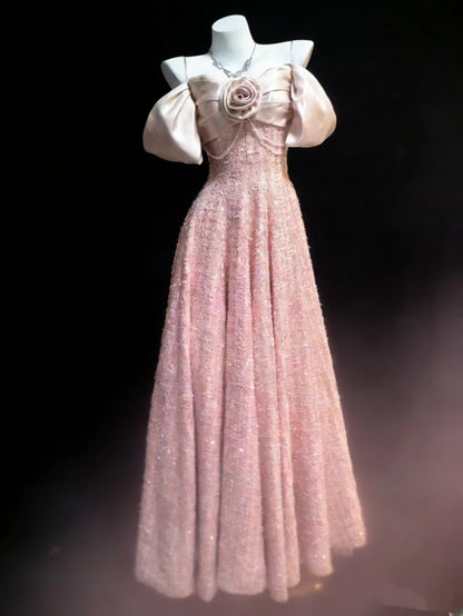 Robe de bal longue en velours rose à sequins, coupe trapèze, décolleté cœur et bretelles, idéale pour les jeunes filles en terminale ou pour un 21e anniversaire (AS035)