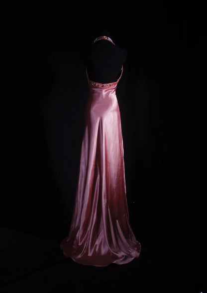 Vintage 90er Jahre Ballkleid für Damen, A-Linie, Neckholder, rosa Seidensatin mit Perlenstickerei, formelles Abendkleid für Tanz und Party AS035