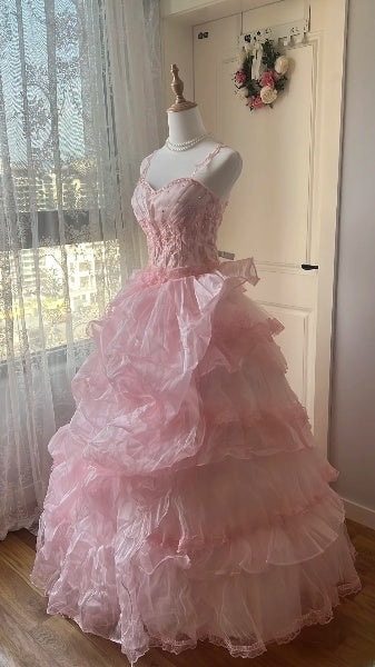 Quinceanera-Kleid für den 15. Geburtstag, Ballkleid mit Spaghettiträgern, rosa Tüll mit gestuftem langem Rock, RC0405