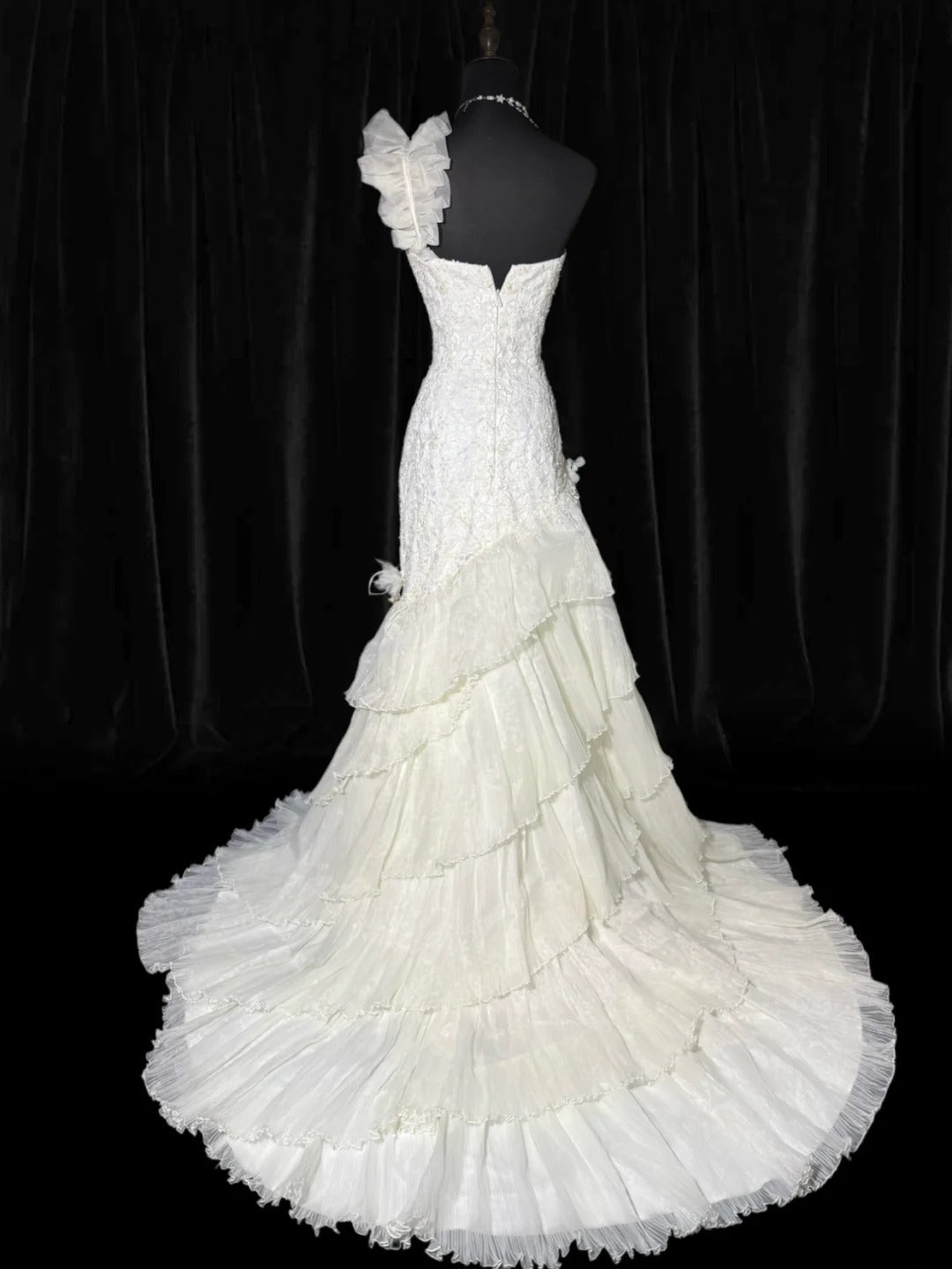 Vintage Damen Meerjungfrauenkleid, ärmellos, aus weißer Spitze, gestuftem Satin, lang, tailliert, im Stil der 1920er Jahre, AS035