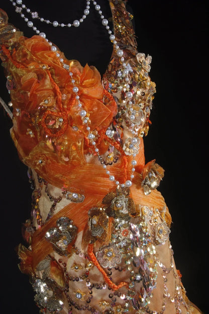 Robe de bal vintage années 90, sirène, col en V, orange à volants et perles, longue robe de soirée AS036