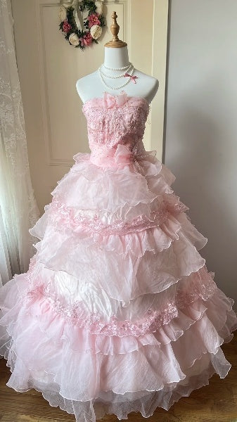 Langes, trägerloses, rosafarbenes Sweet-16-Kleid mit gestuften Lagen, Ballkleid für den sechzehnten Geburtstag, RC0406