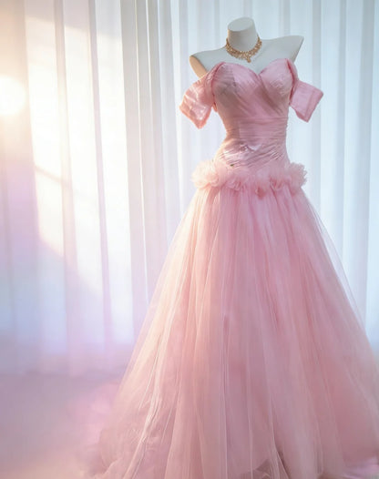 Robe de soirée longue sirène vintage années 90 en tulle rose à épaules dénudées, idéale pour les bals de fin d'année et les anniversaires (AS036)