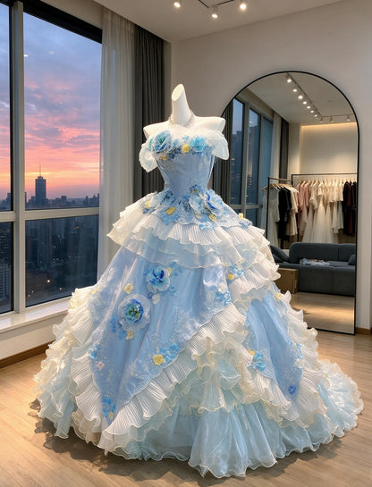 Fairy Quinceanera Dress Ball Gown Off Shoulder Blue With Layers Tiered 16th Birthday Party Outfit RC0995