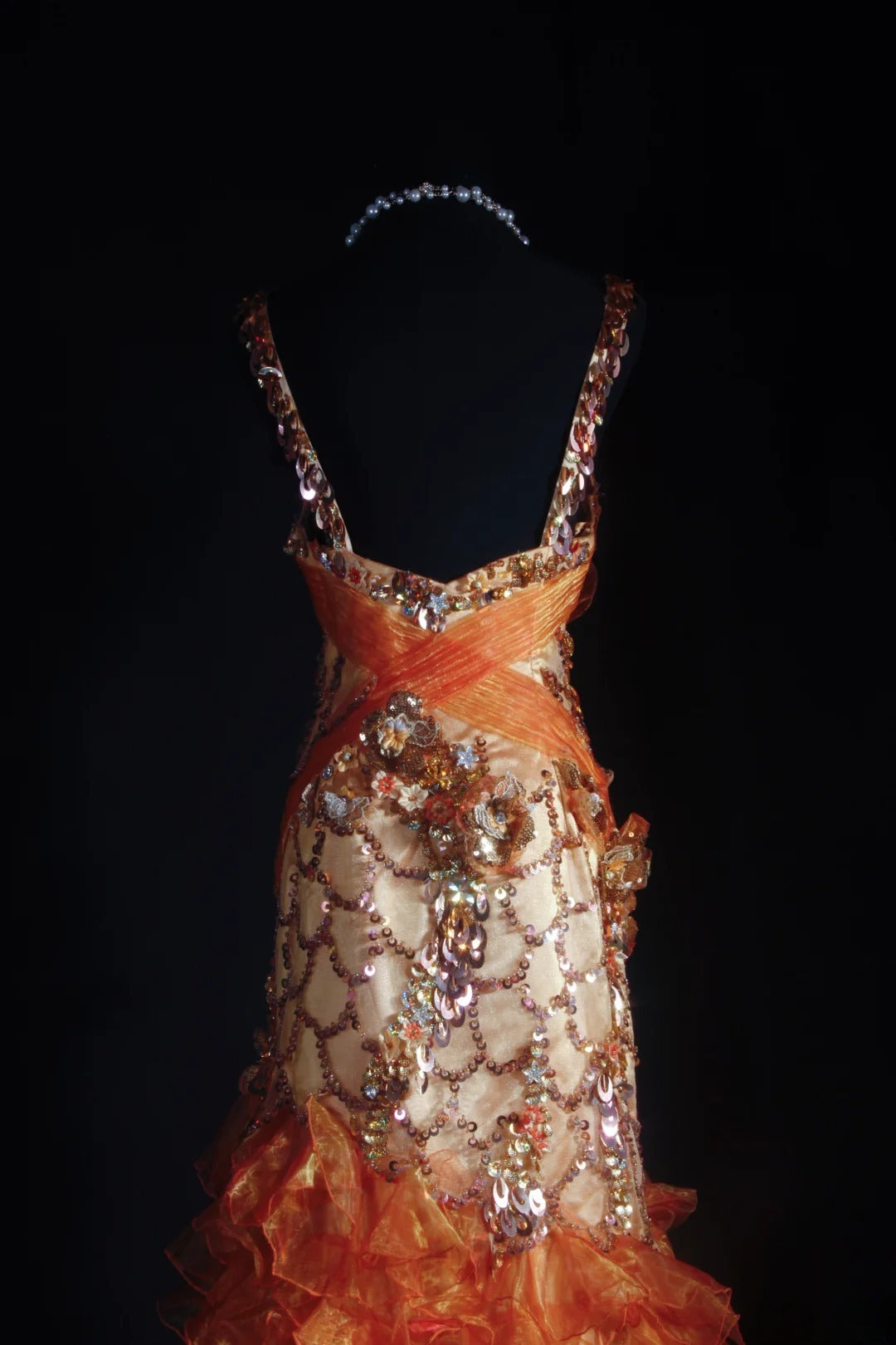 Robe de bal vintage années 90, sirène, col en V, orange à volants et perles, longue robe de soirée AS036
