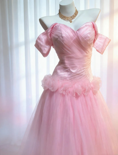 Robe de soirée longue sirène vintage années 90 en tulle rose à épaules dénudées, idéale pour les bals de fin d'année et les anniversaires (AS036)