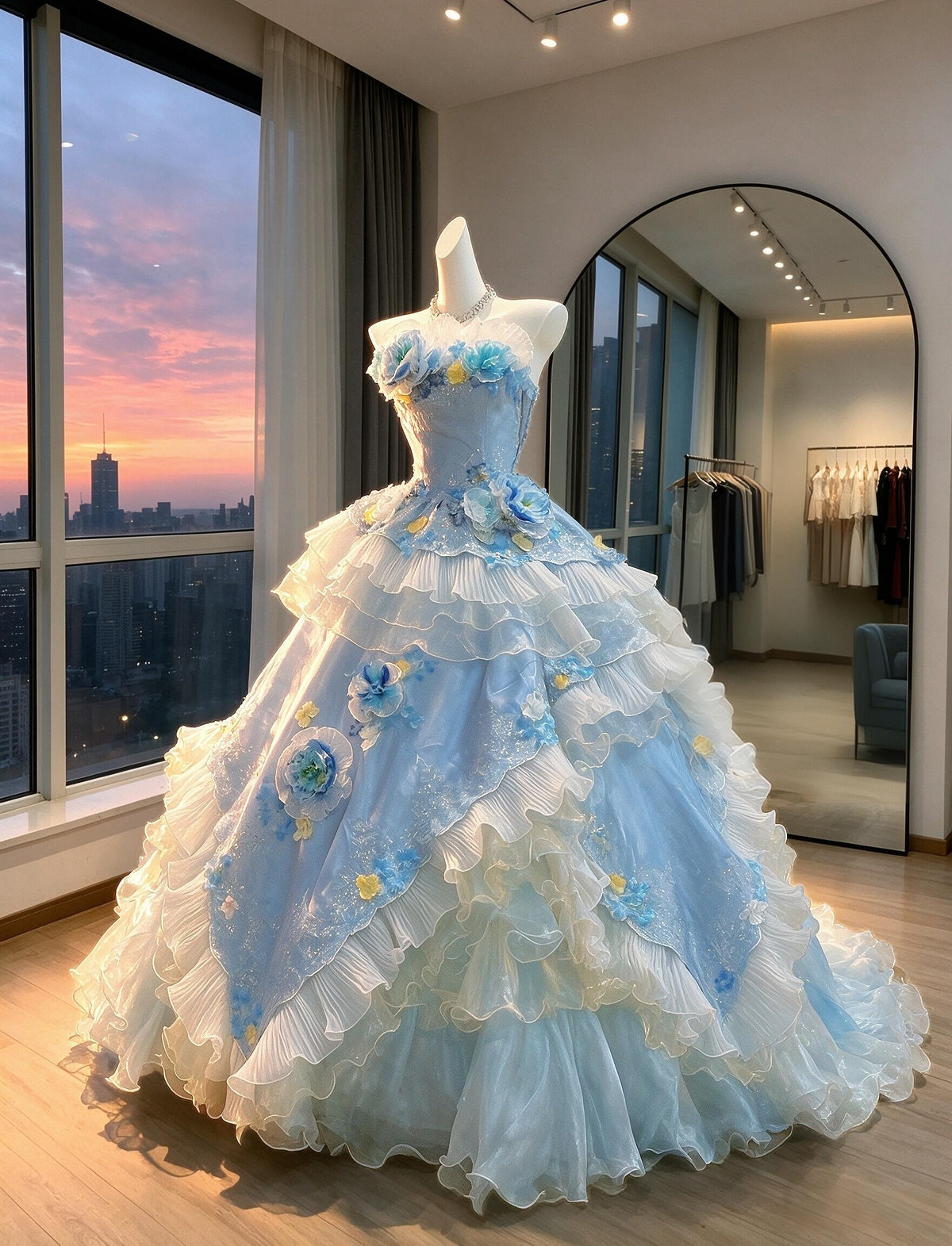 Fairy Quinceanera Dress Ball Gown Off Shoulder Blue With Layers Tiered 16th Birthday Party Outfit RC0995