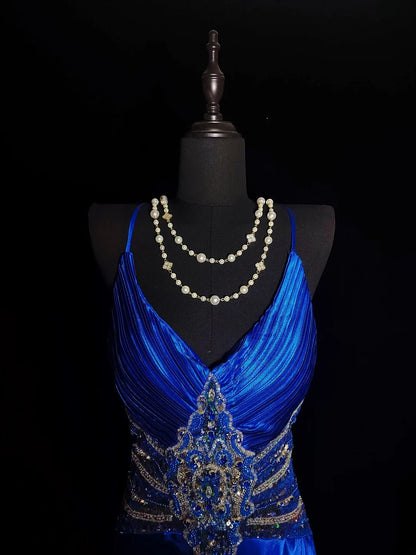 Vintage 1950s Mermaid Spaghetti Strap Royal Blue Satin With Beading Long Prom Dresses High School Senior Graduation Dance Evening Outfits AS036