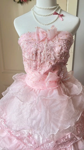 Sweet 16 Dresses Long Strapless Pink With Tiered Layers Ball Gown Sweet Sixteen Birthday Gown RC0406