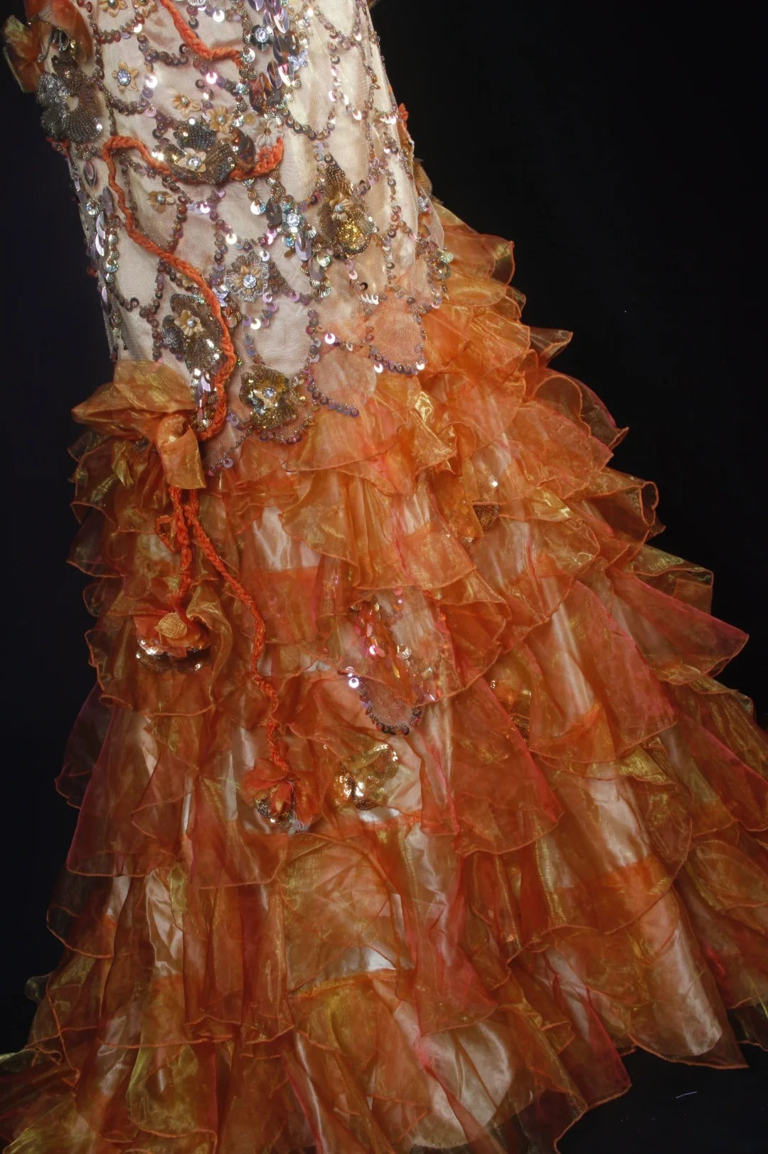 Robe de bal vintage années 90, sirène, col en V, orange à volants et perles, longue robe de soirée AS036
