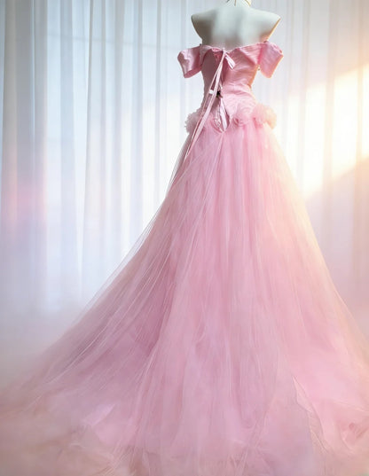 Robe de soirée longue sirène vintage années 90 en tulle rose à épaules dénudées, idéale pour les bals de fin d'année et les anniversaires (AS036)