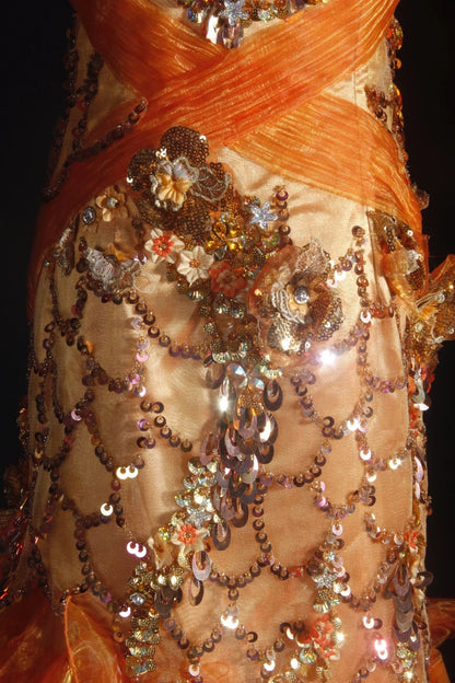Robe de bal vintage années 90, sirène, col en V, orange à volants et perles, longue robe de soirée AS036
