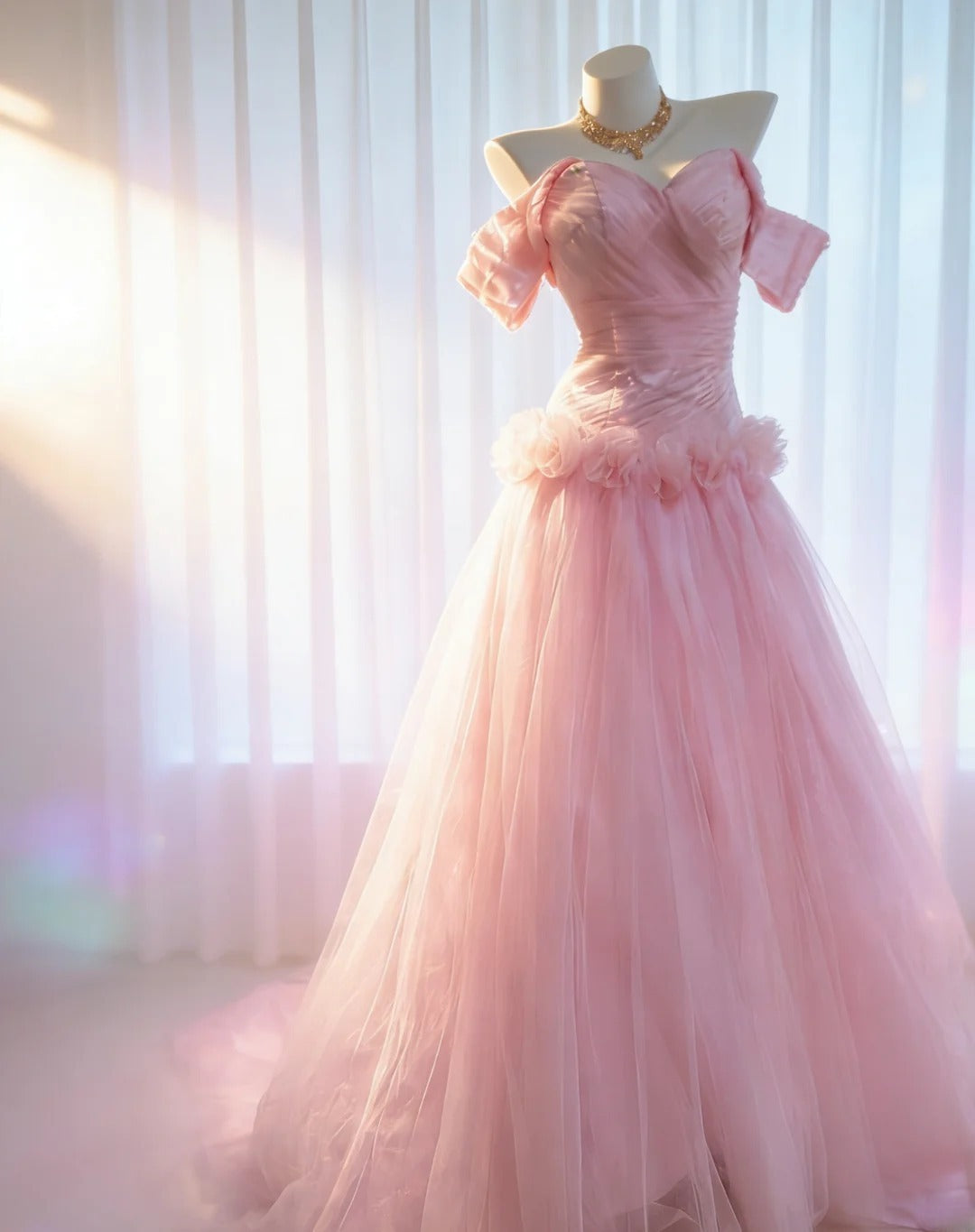 Robe de soirée longue sirène vintage années 90 en tulle rose à épaules dénudées, idéale pour les bals de fin d'année et les anniversaires (AS036)