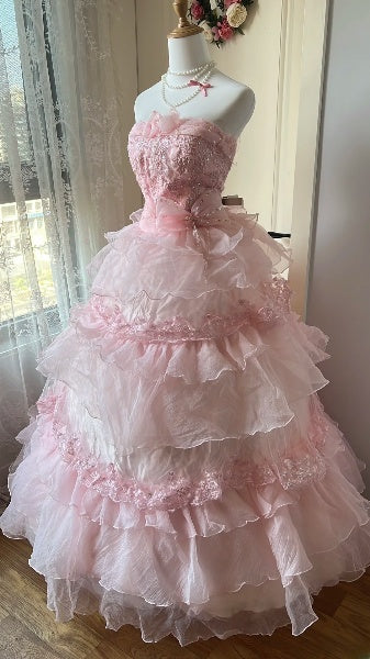 Langes, trägerloses, rosafarbenes Sweet-16-Kleid mit gestuften Lagen, Ballkleid für den sechzehnten Geburtstag, RC0406