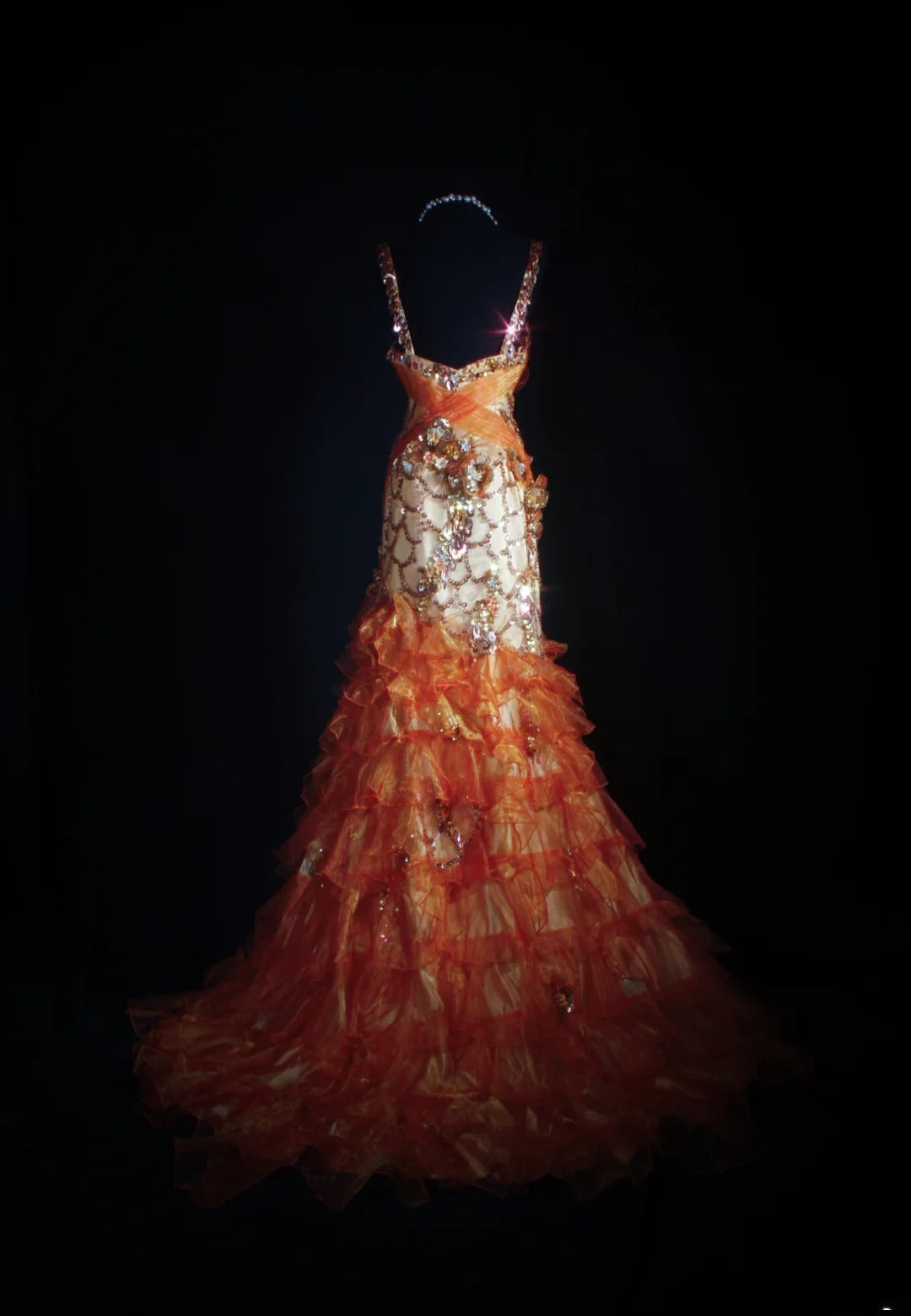 Robe de bal vintage années 90, sirène, col en V, orange à volants et perles, longue robe de soirée AS036