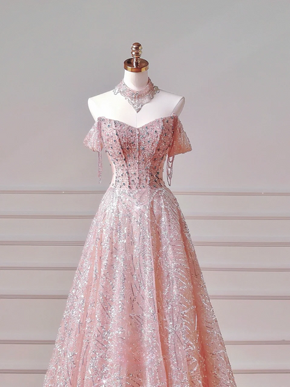 Elegantes, schulterfreies, pinkes Pailletten-Korsettkleid mit Korsett-Ausschnitt – ein beeindruckendes, langes Abendkleid für Teenager und Mädchen (AQ036)