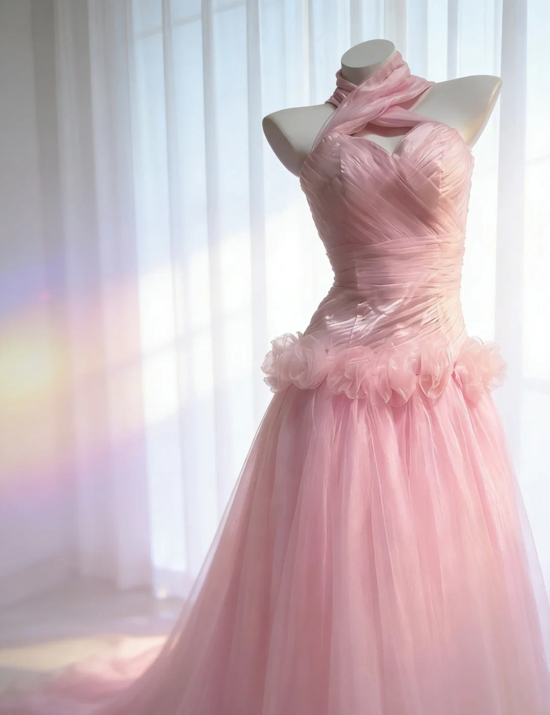 Robe de soirée longue sirène vintage années 90 en tulle rose à épaules dénudées, idéale pour les bals de fin d'année et les anniversaires (AS036)