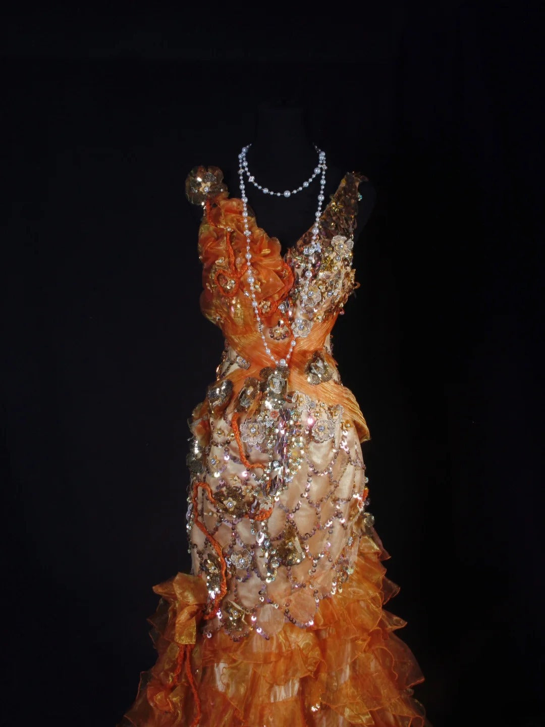 Robe de bal vintage années 90, sirène, col en V, orange à volants et perles, longue robe de soirée AS036