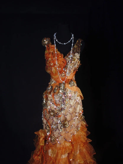 Robe de bal vintage années 90, sirène, col en V, orange à volants et perles, longue robe de soirée AS036