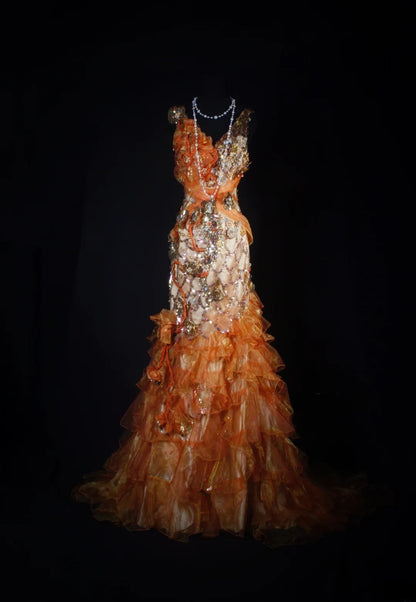 Robe de bal vintage années 90, sirène, col en V, orange à volants et perles, longue robe de soirée AS036